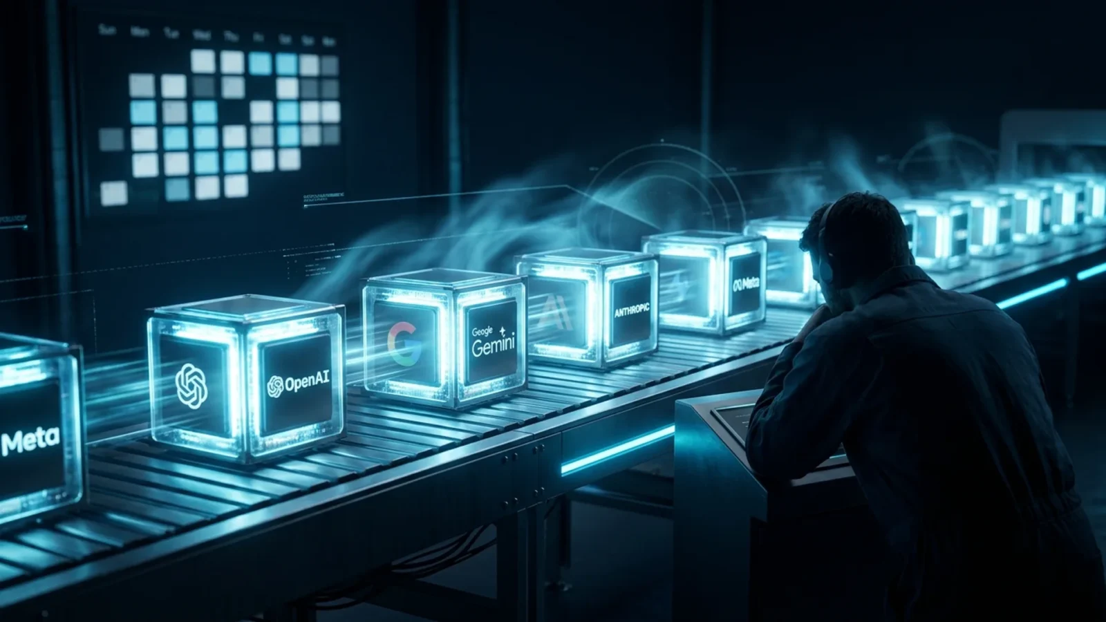 A queue of AI models arriving one after another, illustrating model fatigue in 2026
