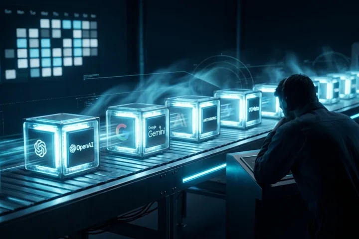 A queue of AI models arriving one after another, illustrating model fatigue in 2026