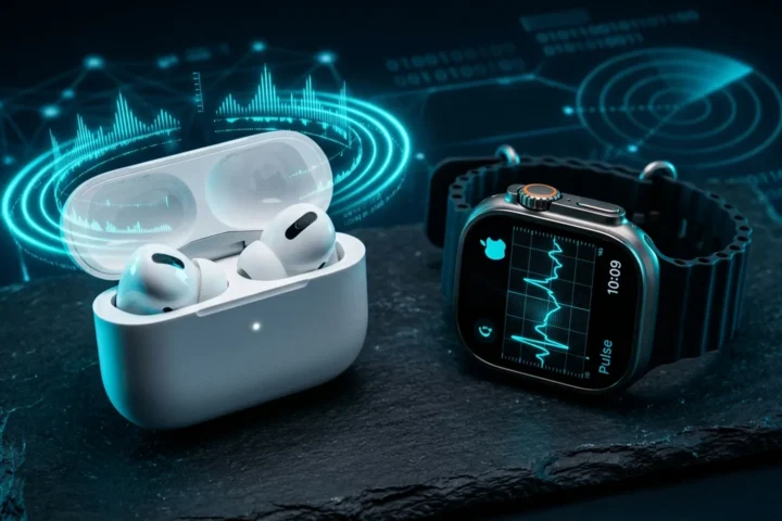 AirPods 5 e Apple Watch Series 12 sobre superfície escura com reflexos ciano