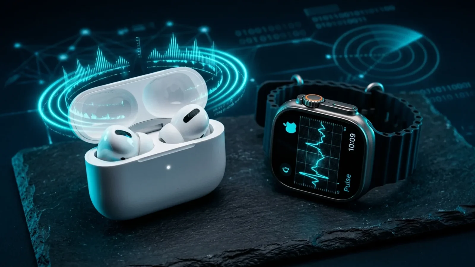AirPods 5 and Apple Watch Series 12 on a dark surface with cyan reflections