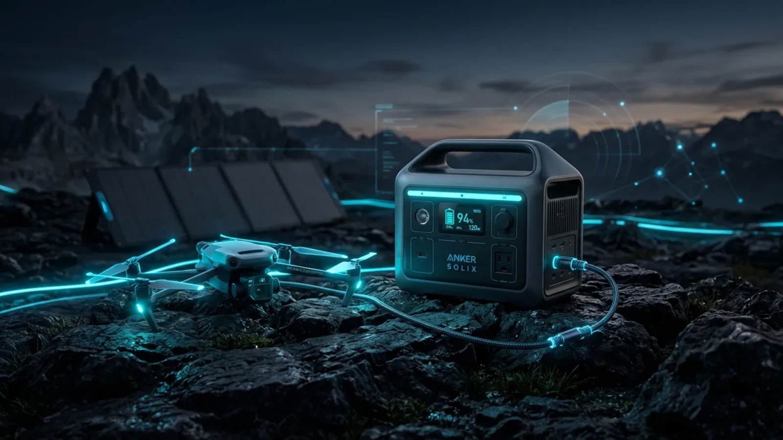 Estação de energia solar portátil Anker Solix conectada a um drone DJI sobre platô rochoso