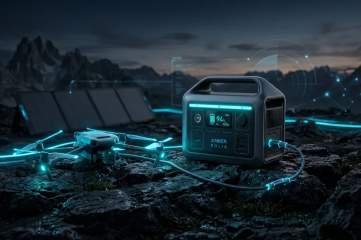 Estação de energia solar portátil Anker Solix conectada a um drone DJI sobre platô rochoso