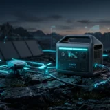 Rugged Anker Solix portable solar power station charging a DJI drone on a rocky twilight plateau