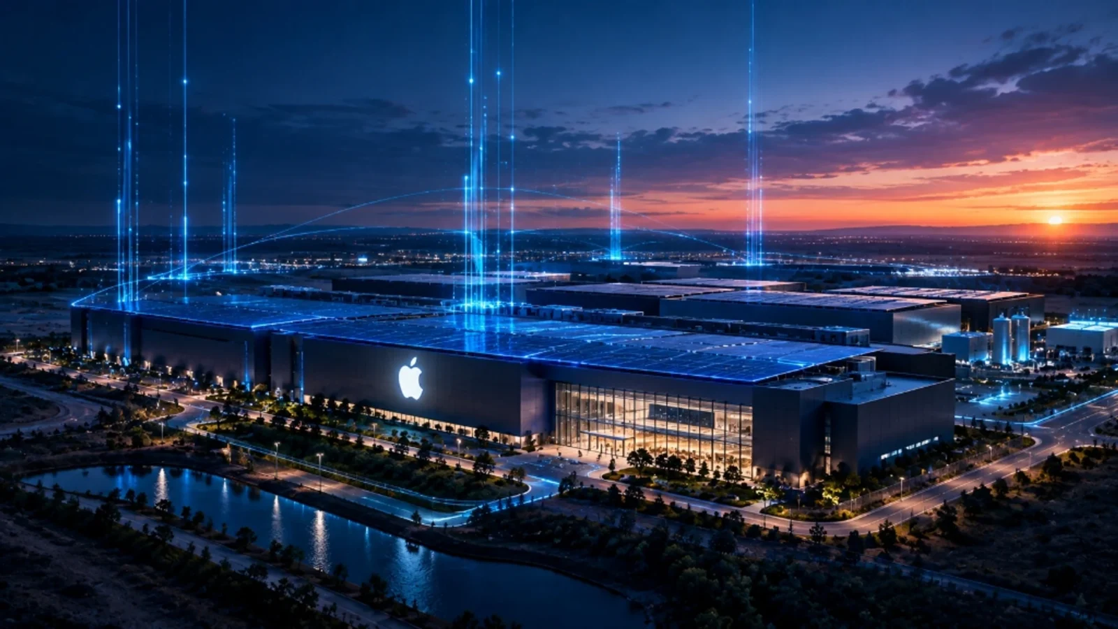 Dusk aerial view of massive Apple data center campus with glowing Apple logo and solar arrays