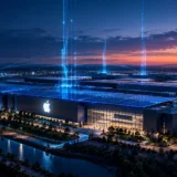 Vista aérea crepuscular do complexo de data centers da Apple com logo luminoso na fachada