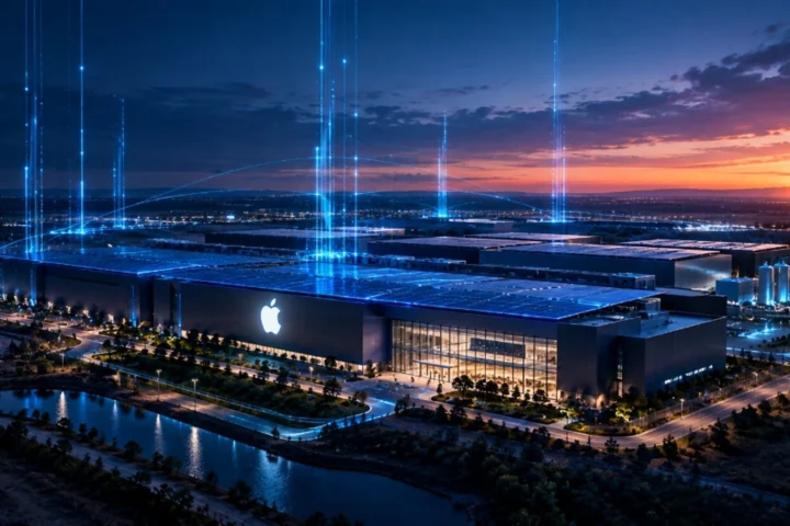Vista aérea crepuscular do complexo de data centers da Apple com logo luminoso na fachada
