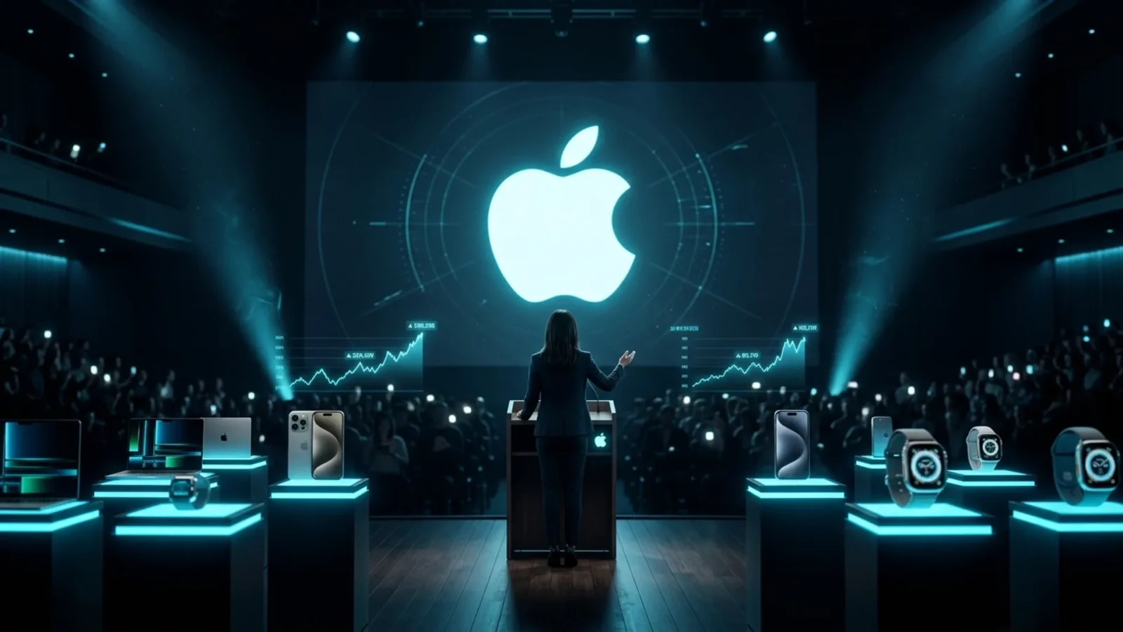 Apple event stage with a cyan-lit logo and the silhouette of the new CEO, symbolizing the John Ternus era
