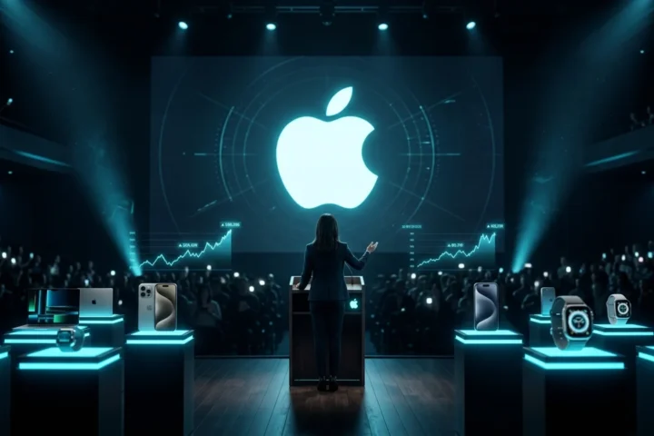 Palco de evento da Apple com logo iluminado em ciano e silhueta do novo CEO, simbolizando a era John Ternus
