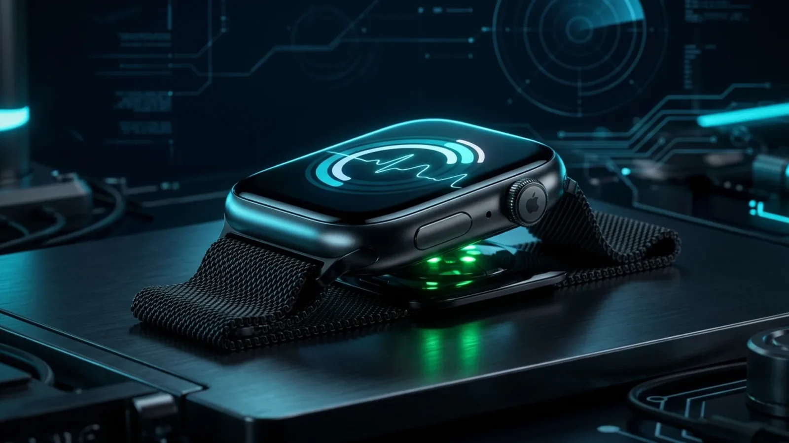 Apple Watch Series 12 showing the Readiness app and a heart-rate graph in cyan light on a dark background