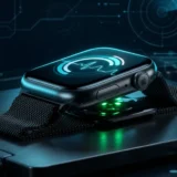 Apple Watch Series 12 com o app de prontidão na tela e gráfico de batimentos em luz ciano sobre fundo escuro