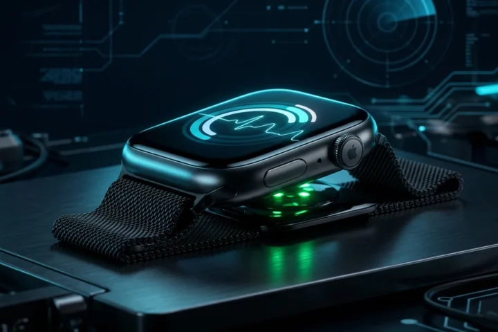 Apple Watch Series 12 com o app de prontidão na tela e gráfico de batimentos em luz ciano sobre fundo escuro