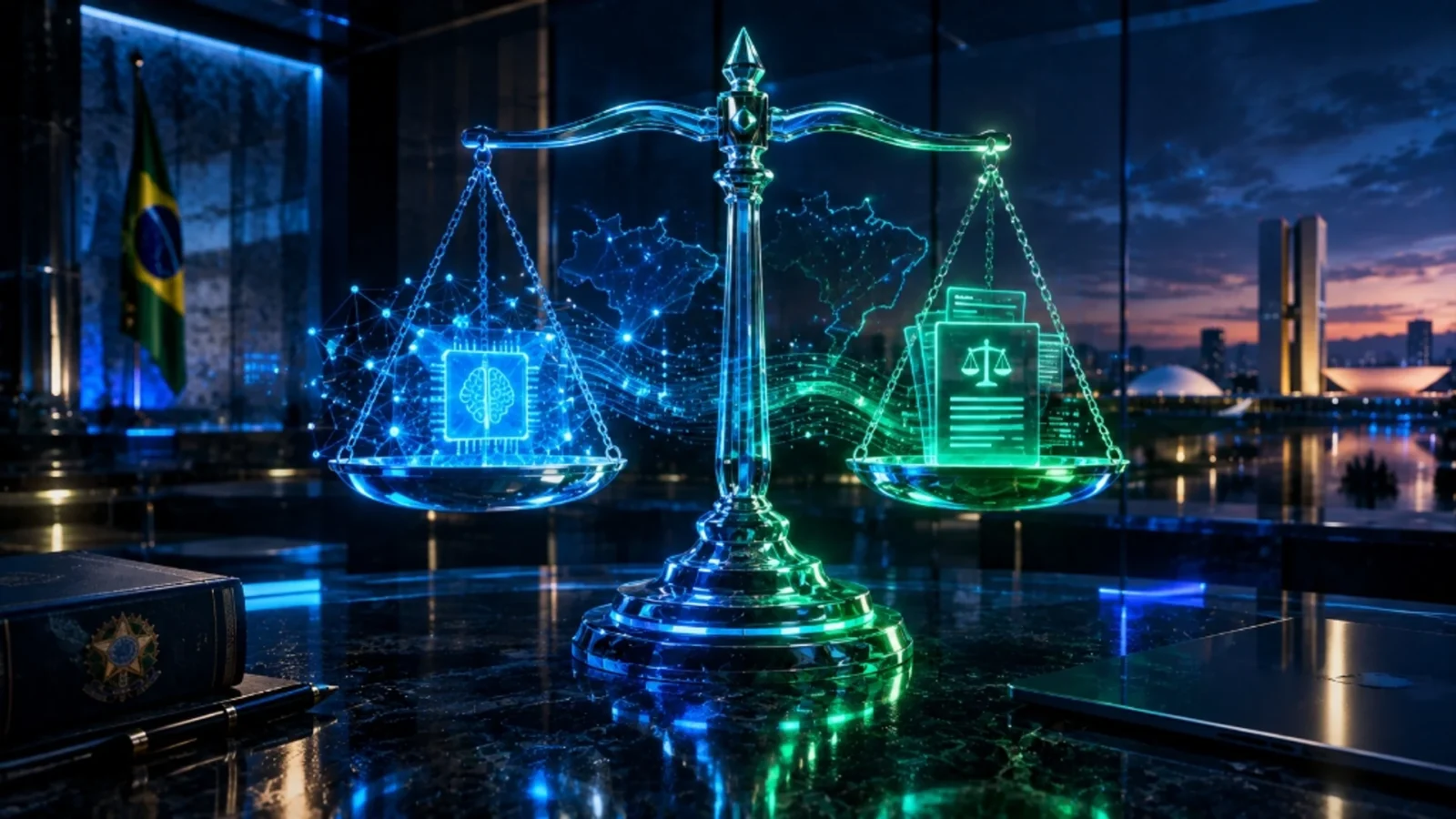 Cybernetic justice scale with AI chip and legal document in front of the National Congress in Brasilia