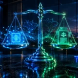 Cybernetic justice scale with AI chip and legal document in front of the National Congress in Brasilia