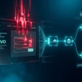 Formulário de newsletter em site escuro com código malicioso se infiltrando em vermelho sobre luz ciano, logo da Brevo