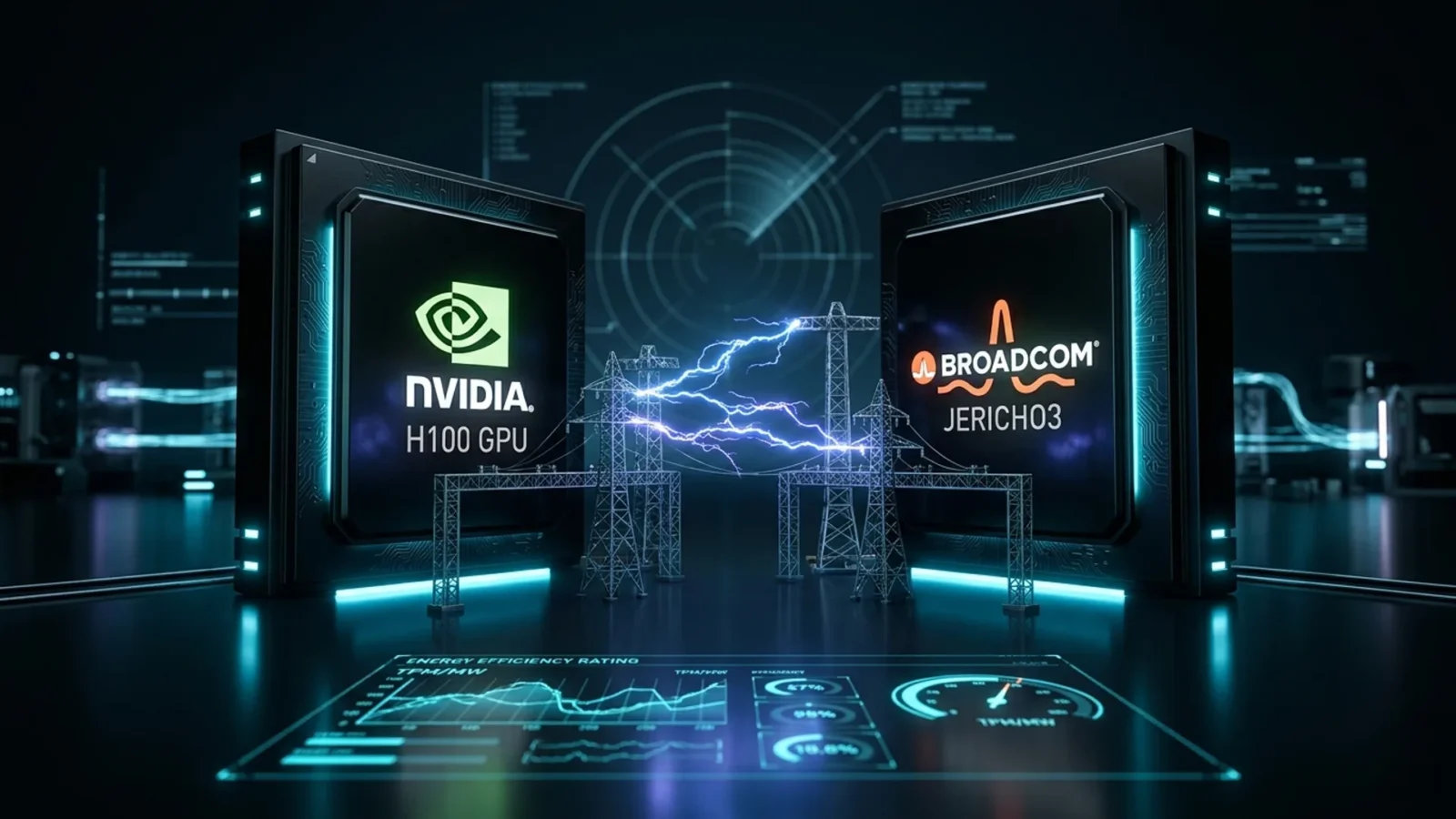 Giant AI chip lit in cyan with power lines around it, representing the Broadcom and Nvidia rivalry