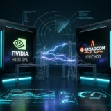 Chip de IA gigante iluminado em ciano com linhas de energia ao redor, representando a disputa Broadcom e Nvidia
