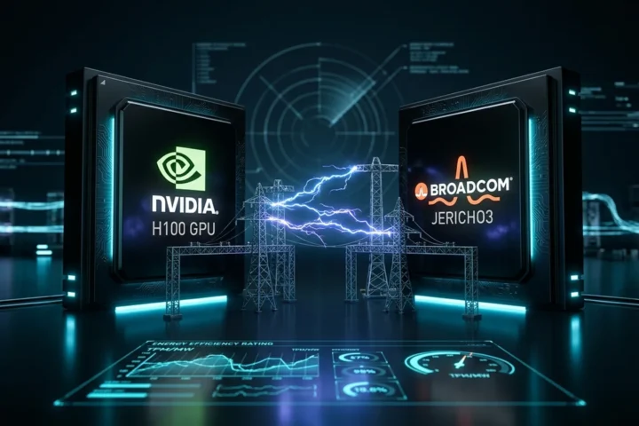 Chip de IA gigante iluminado em ciano com linhas de energia ao redor, representando a disputa Broadcom e Nvidia