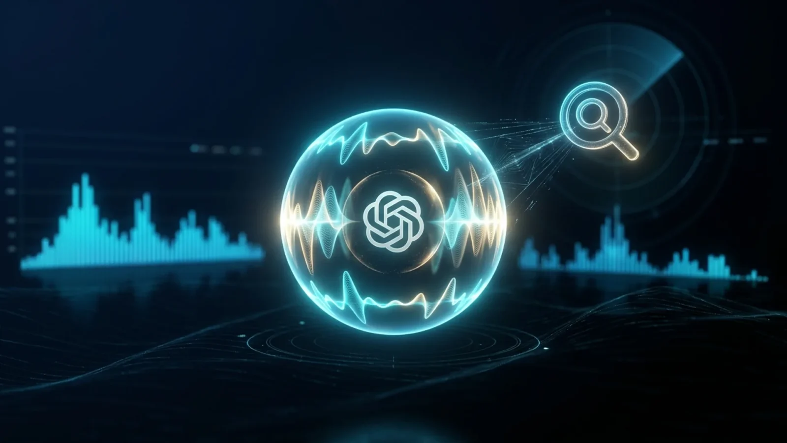 Esfera holográfica de áudio com ondas sonoras ciano e logo da OpenAI conectada ao SearchGPT