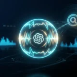 Glowing holographic audio orb with OpenAI logo connected to SearchGPT lens