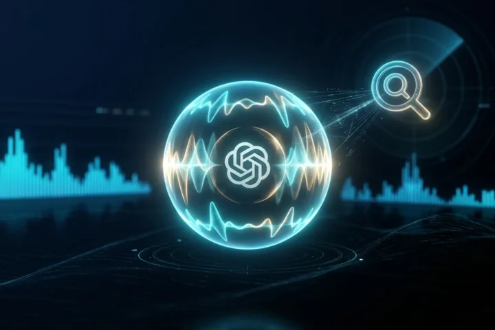 Glowing holographic audio orb with OpenAI logo connected to SearchGPT lens