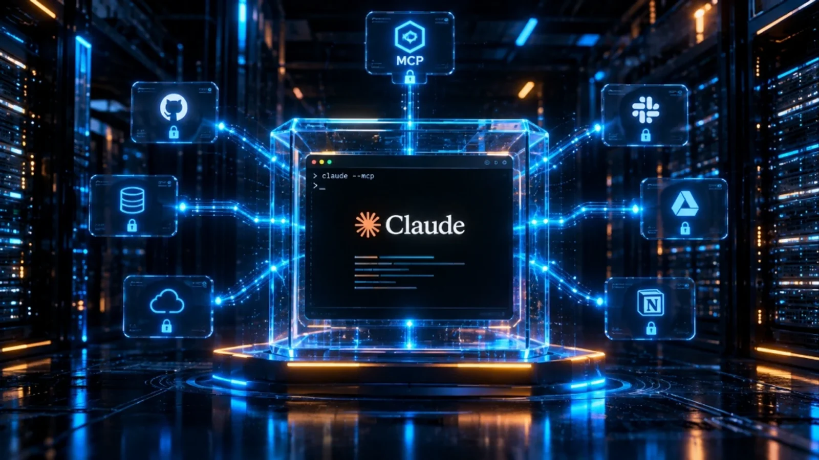 Claude Code CLI terminal with MCP connections and holographic sandbox cube in dark datacenter