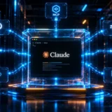 Claude Code CLI terminal with MCP connections and holographic sandbox cube in dark datacenter