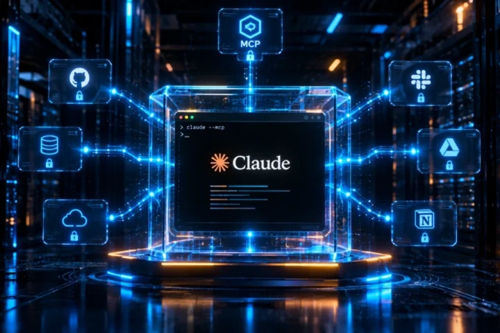 Claude Code CLI terminal with MCP connections and holographic sandbox cube in dark datacenter