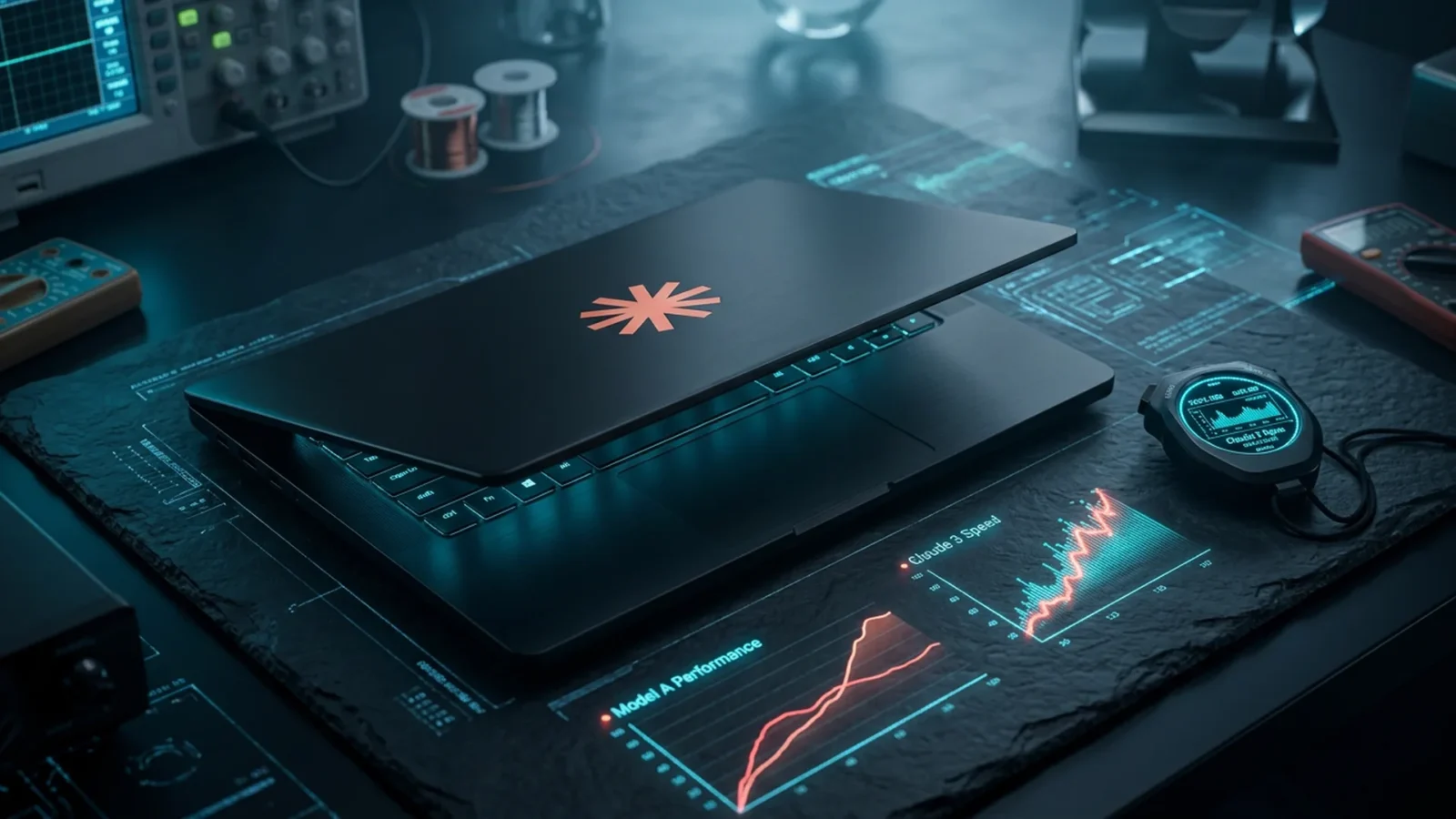 Amber and cyan AI core with a holographic speed gauge, representing Claude Sonnet 5.5