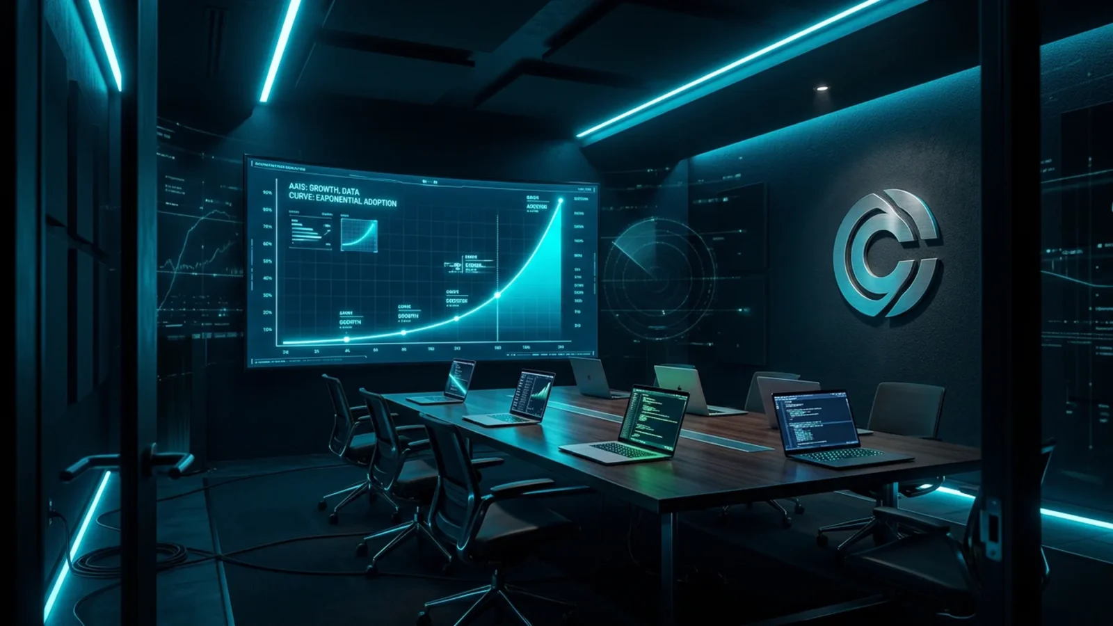 Cyan holographic revenue chart rising over a dark code terminal, with an AI agent silhouette in the background