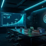 Cyan holographic revenue chart rising over a dark code terminal, with an AI agent silhouette in the background