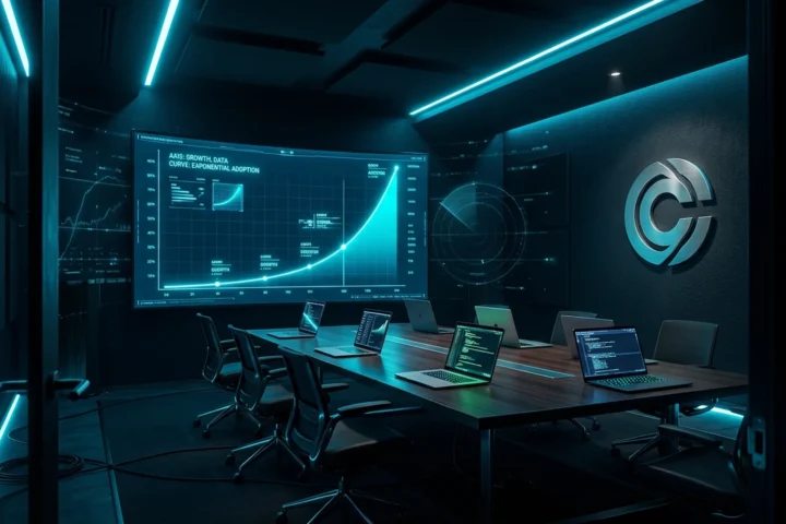 Cyan holographic revenue chart rising over a dark code terminal, with an AI agent silhouette in the background