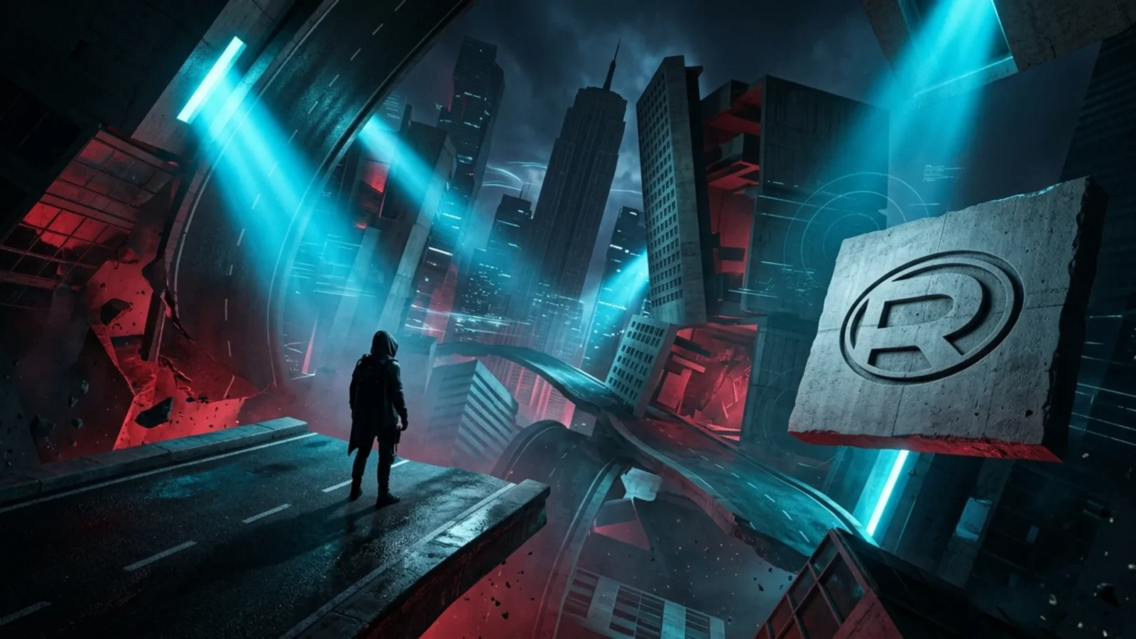 Manhattan warped into floating fragments with cyan and red light, in the surreal style of Control Resonant