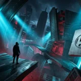 Manhattan warped into floating fragments with cyan and red light, in the surreal style of Control Resonant