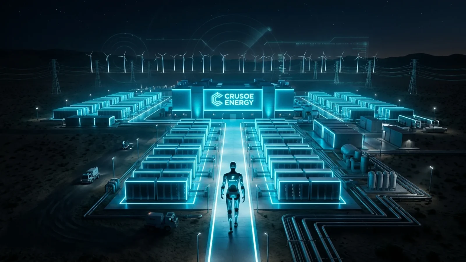 Futuristic data center with cyan-lit server aisles, representing AI infrastructure startups