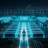 Data center futurista com corredores de servidores iluminados em ciano, representando startups de infraestrutura de IA