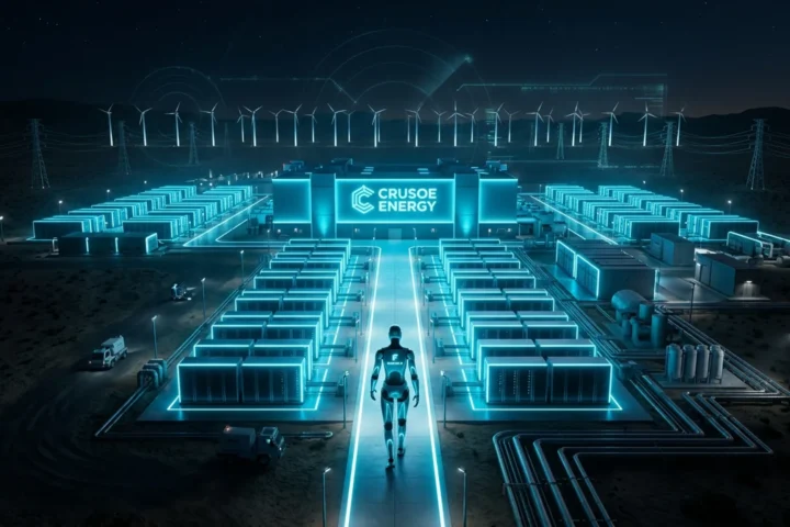 Data center futurista com corredores de servidores iluminados em ciano, representando startups de infraestrutura de IA