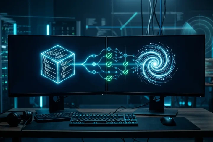 Ambiente dark mode de desenvolvimento com os logos do Cursor e da Cognition reparando uma árvore de repositório do GitHub