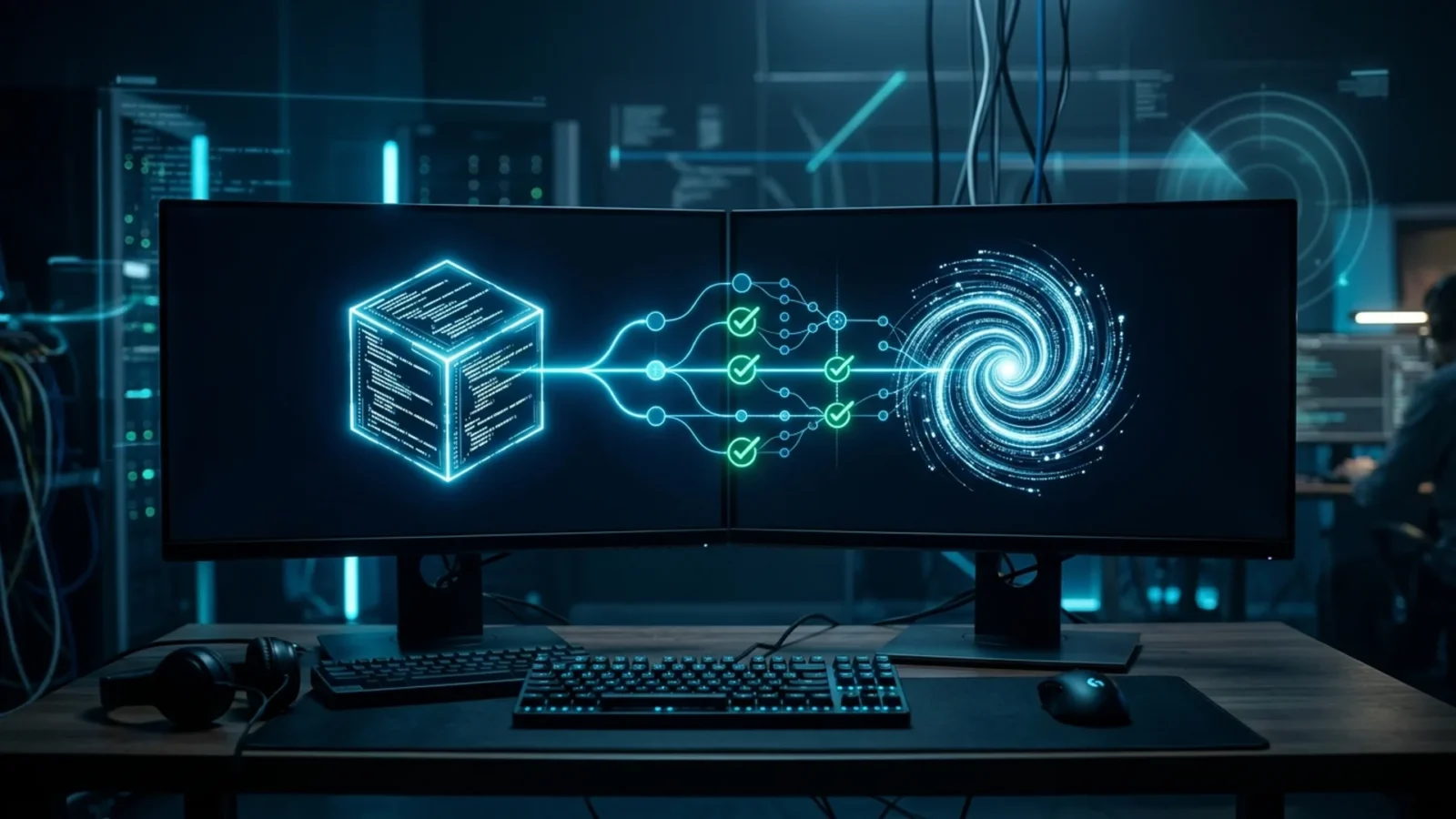Dark-themed developer workstation with Cursor and Cognition logos repairing a GitHub repository tree