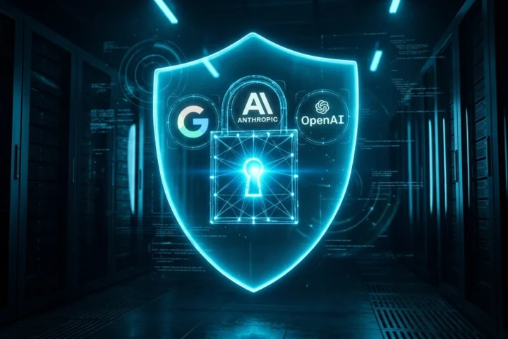 Cyan digital shield protecting servers, symbolizing cyber AI models with restricted access