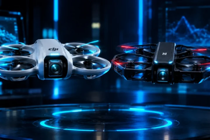 Drones compactos DJI Neo 2 e HoverAir X1 Pro lado a lado em bancada de testes de estúdio
