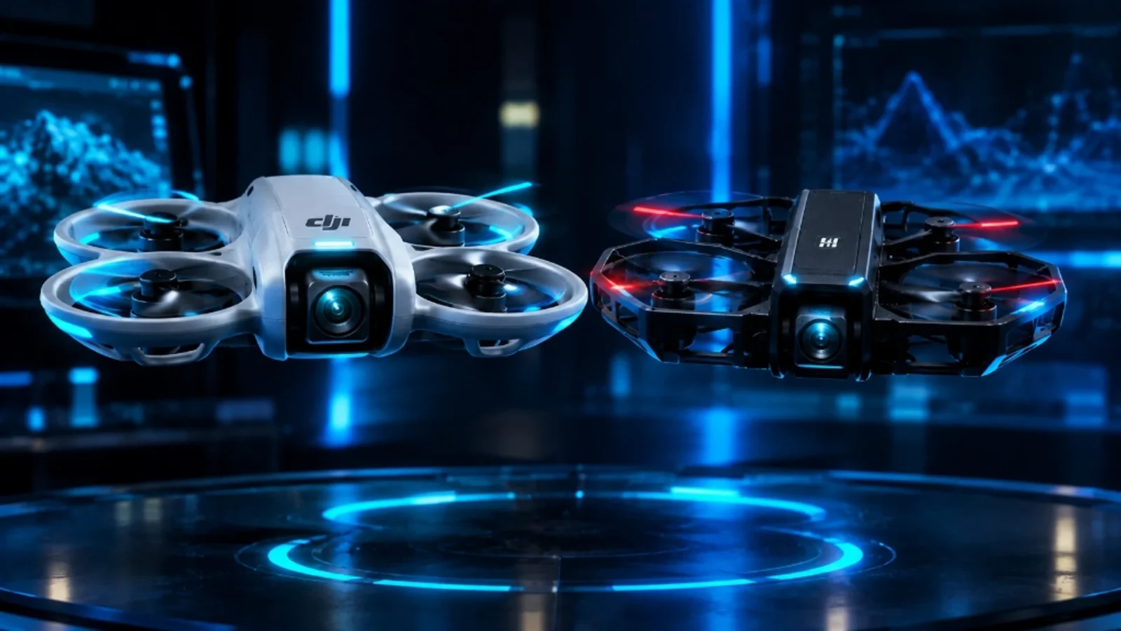 Compact pocket drones DJI Neo 2 and HoverAir X1 Pro hovering side-by-side in tech studio