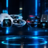 Compact pocket drones DJI Neo 2 and HoverAir X1 Pro hovering side-by-side in tech studio