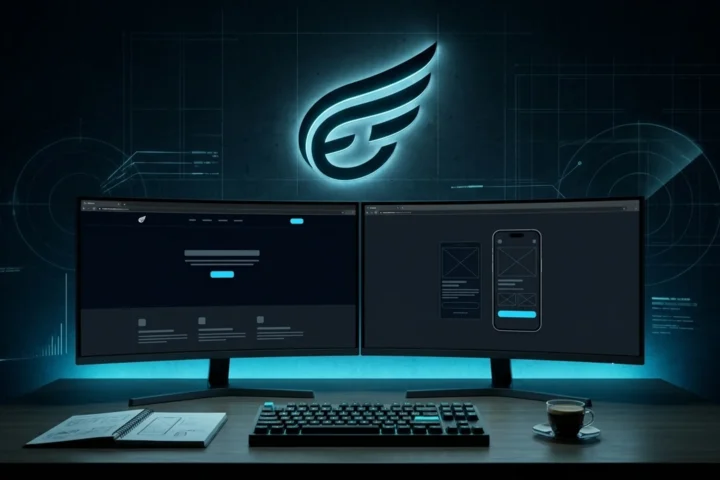 Digital design studio with screens showing premium websites and interfaces, cyan light and the Elion Estúdio logo