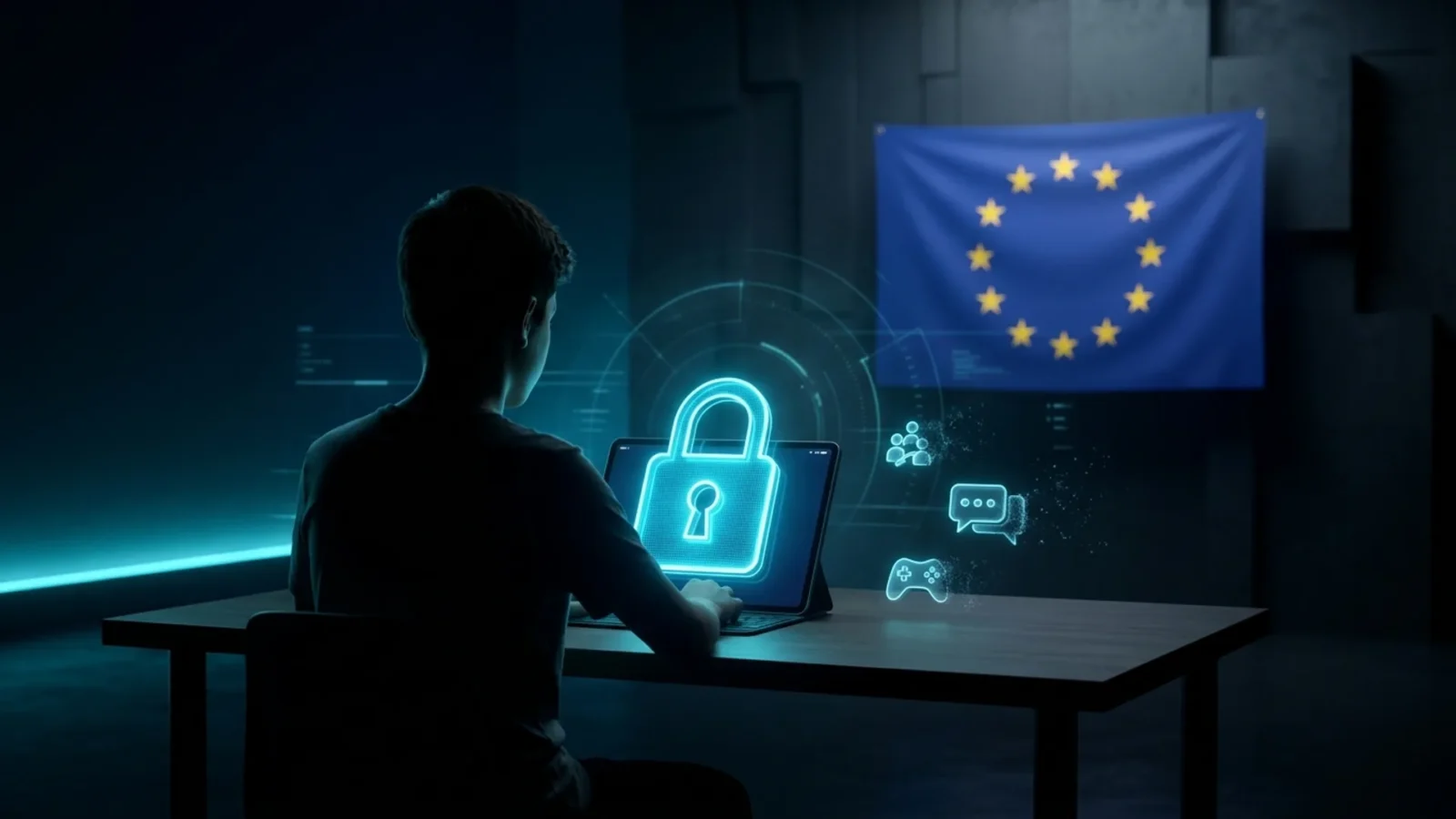 Criança diante de tela com cadeado holográfico ciano e bandeira da União Europeia ao fundo, ilustrando o EU Kids Act