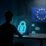 Criança diante de tela com cadeado holográfico ciano e bandeira da União Europeia ao fundo, ilustrando o EU Kids Act