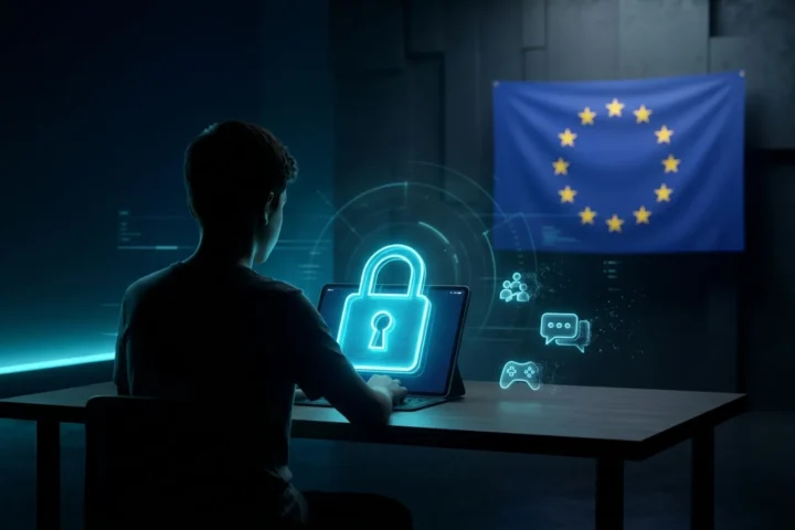Criança diante de tela com cadeado holográfico ciano e bandeira da União Europeia ao fundo, ilustrando o EU Kids Act