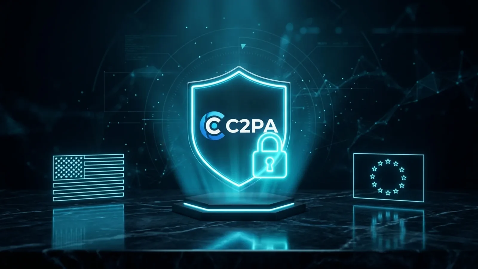 Brasão digital holográfico do padrão C2PA ladeado por bandeiras neon dos EUA e União Europeia