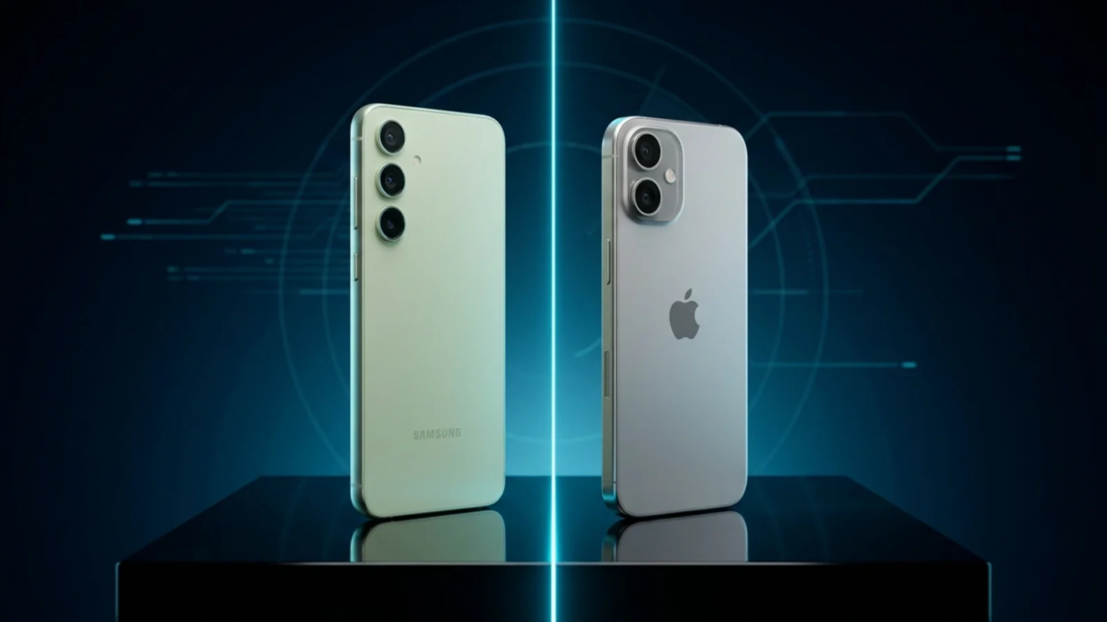 Galaxy S26 FE na cor Pistachio e iPhone 17 lado a lado em superfície escura com reflexos ciano
