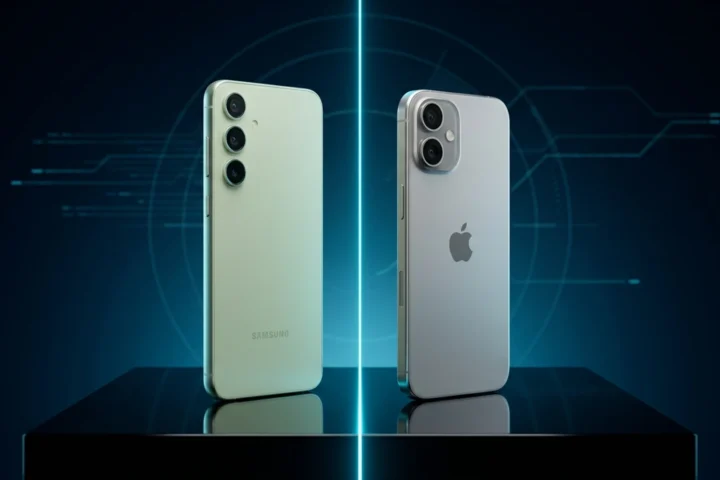 Galaxy S26 FE na cor Pistachio e iPhone 17 lado a lado em superfície escura com reflexos ciano