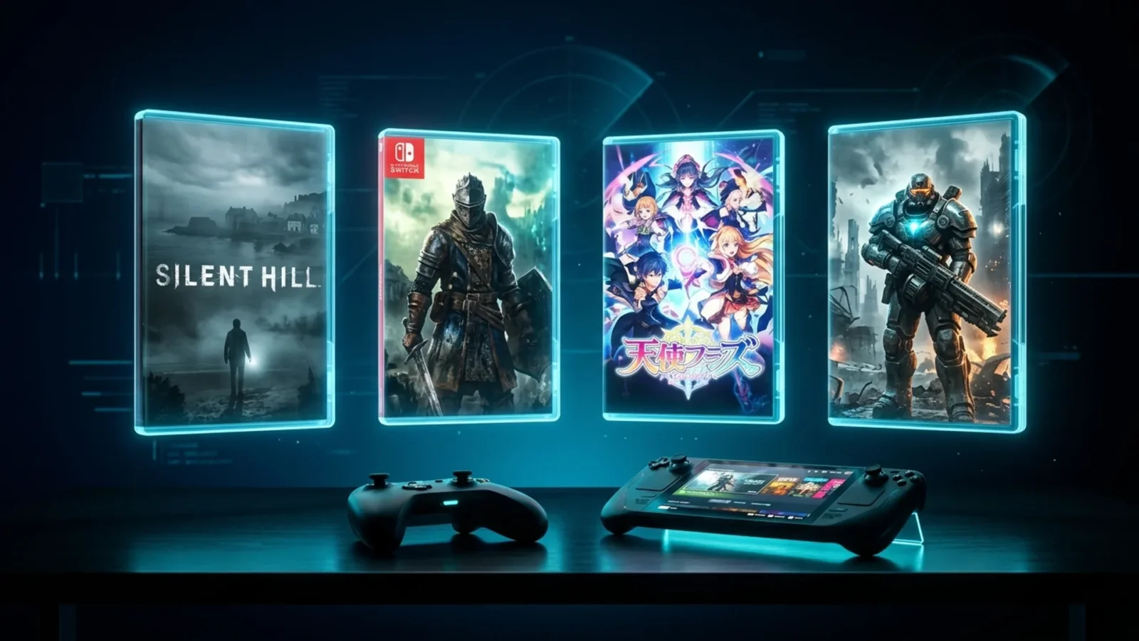 Coleção de capas holográficas dos games de setembro de 2026 flutuando sobre mesa escura com luz ciano